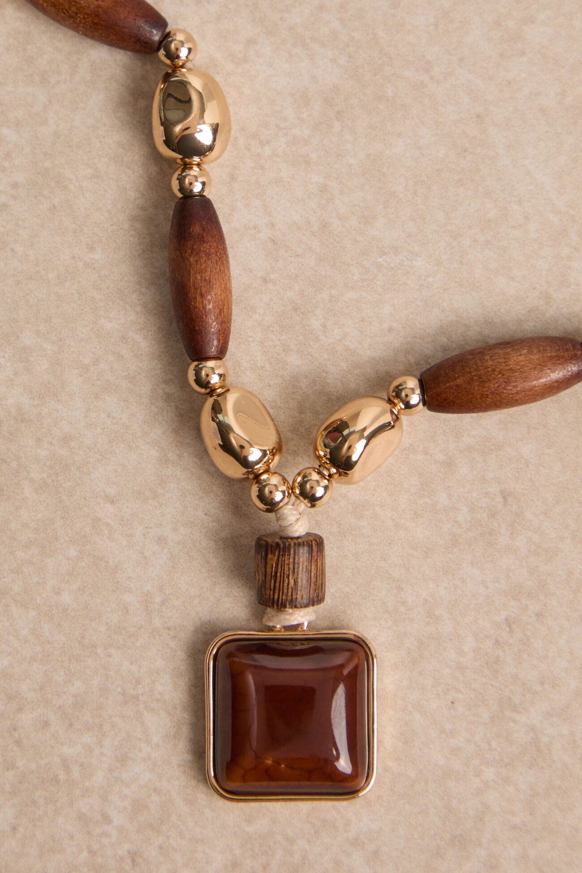 Blythe Long Wooden and Gold Statement Necklace